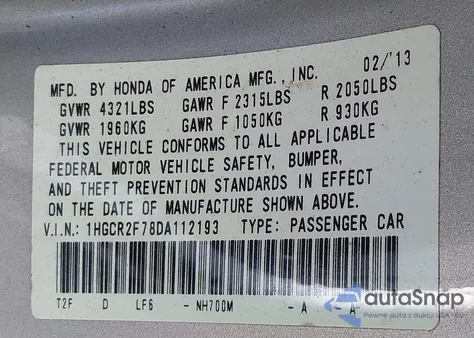 2013 Honda Accord Ex from USA, damaged, VIN 1HGCR2F78DA112193